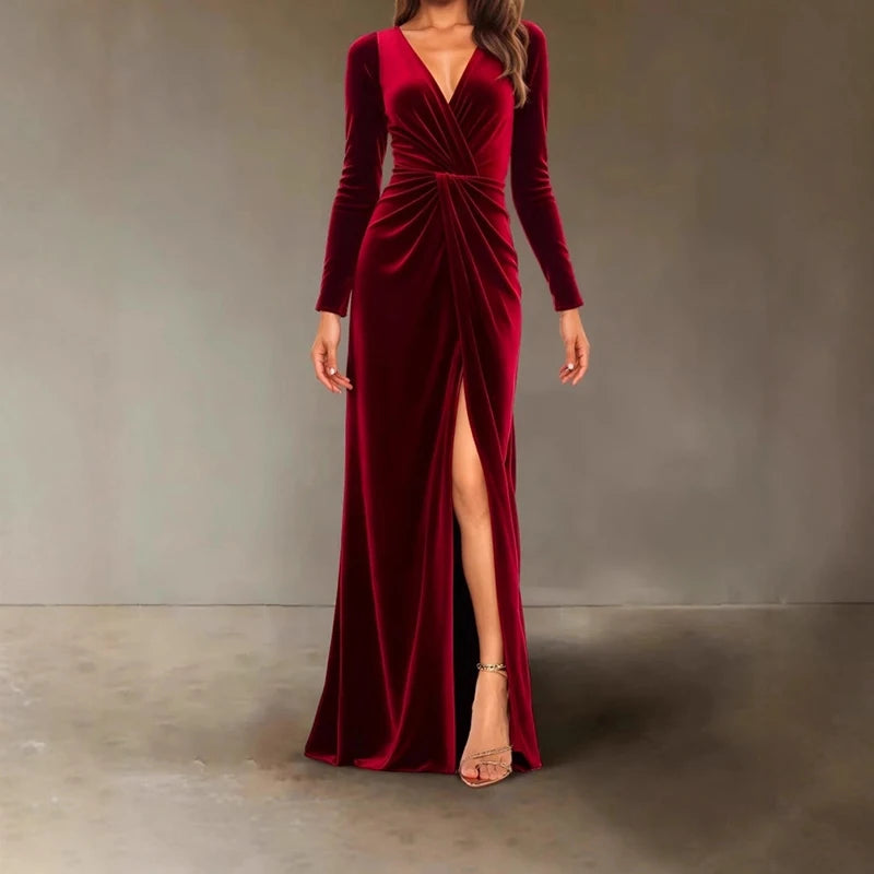 Vestido de terciopelo mujer – escote en V, cintura alta y falda plisada