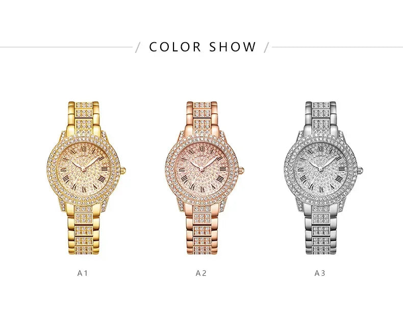 Reloj mujer clásico de lujo – esfera redonda con cristales y correa de aleación dorada