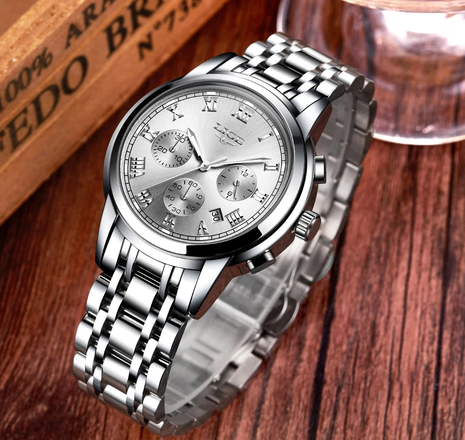Reloj LIGE para hombre – cronógrafo deportivo de lujo, resistente al agua y acero inoxidable