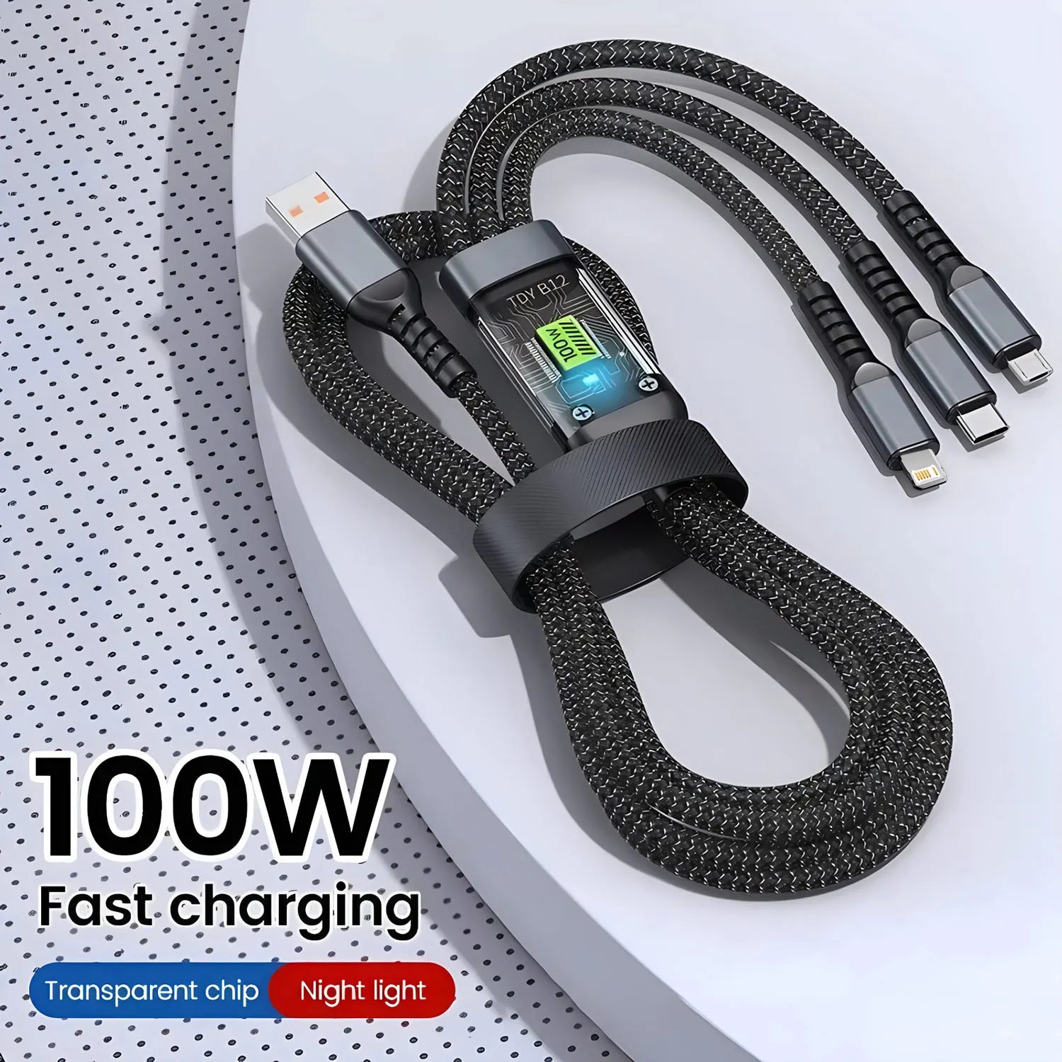 Cable cargador rápido 100W – nylon trenzado 3 en 1 con USB tipo C y micro USB