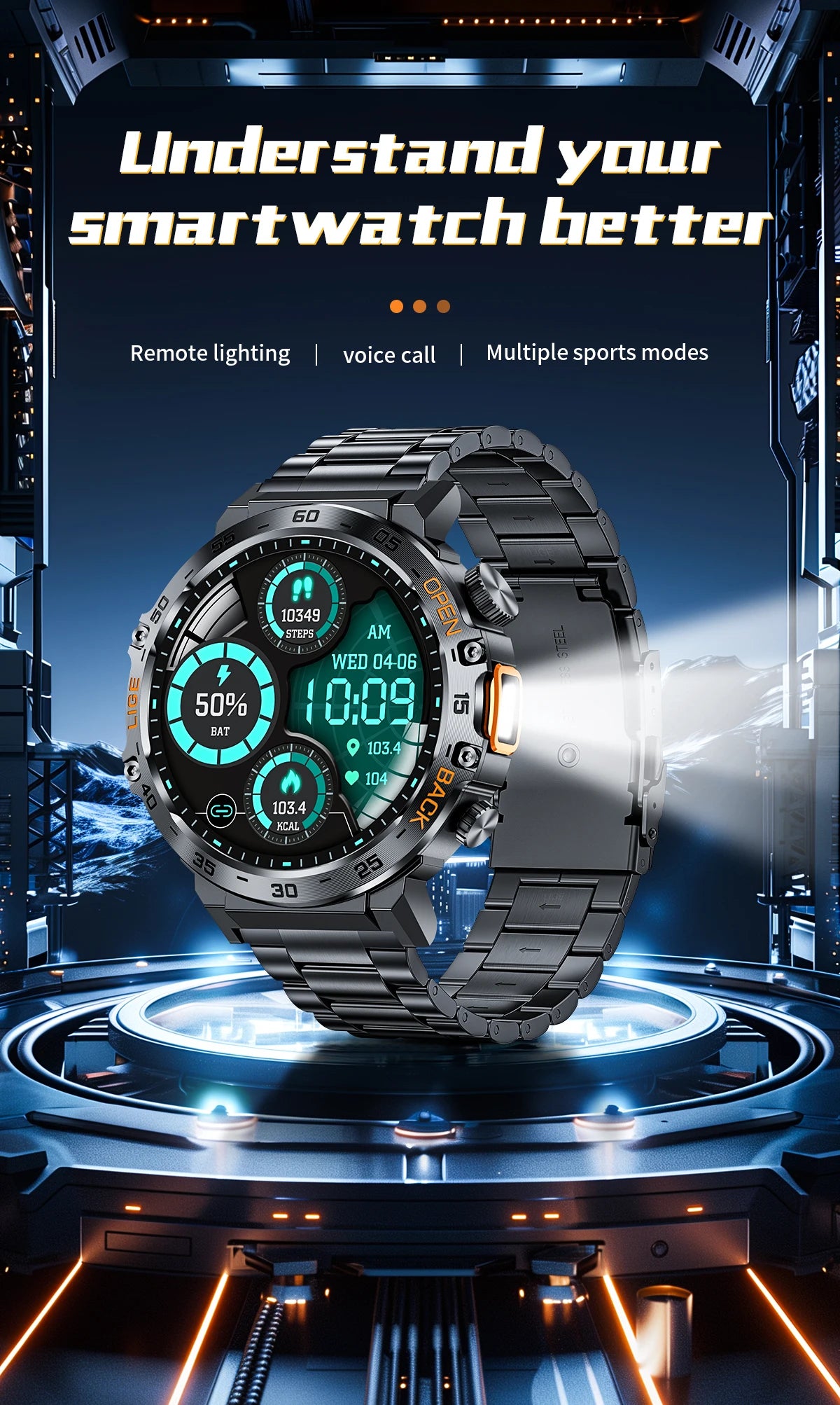 Smartwatch LIGE hombre – pantalla AMOLED HD 360*360, resistente al agua y linterna