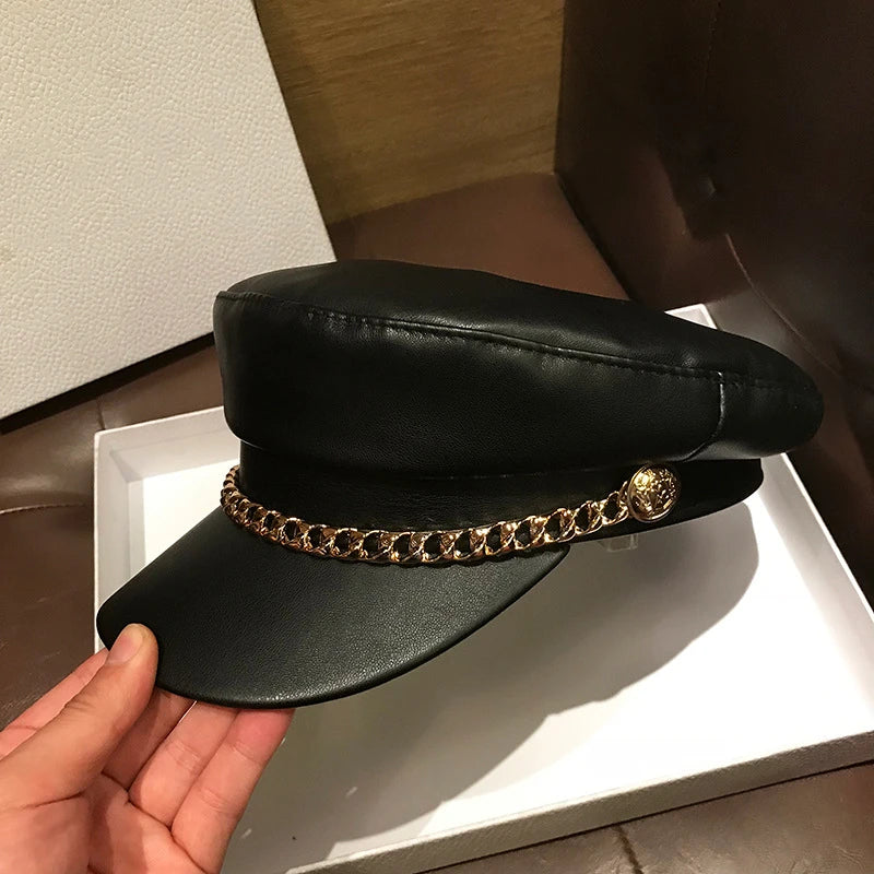 Boina unisex estilo militar – sombrero de invierno con cadena de cuero