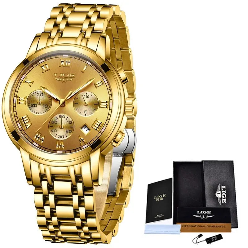 Reloj LIGE para hombre – cronógrafo deportivo de lujo, resistente al agua y acero inoxidable