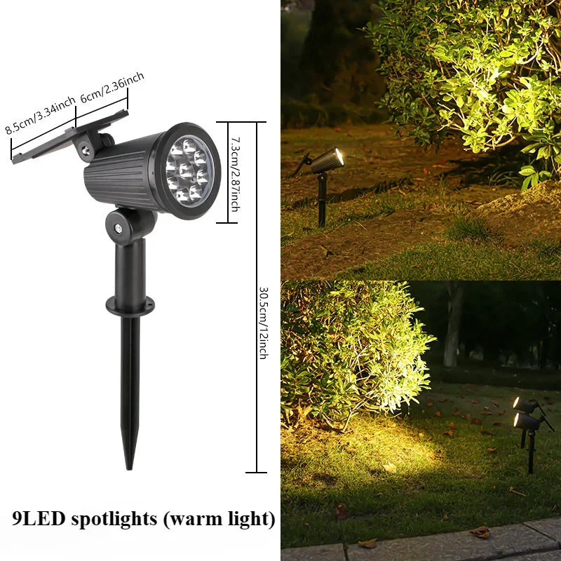 Spotlights solares exteriores 9 LEDs – IP65, brillo ajustable y resistente al agua