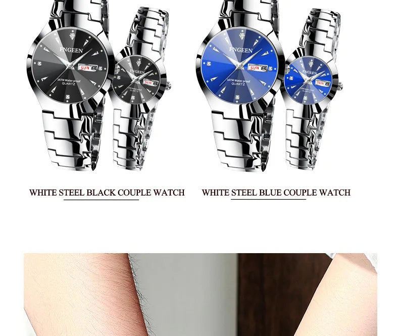 Set de relojes FNGEEN 5808 para parejas – cuarzo, lujo y resistente al agua