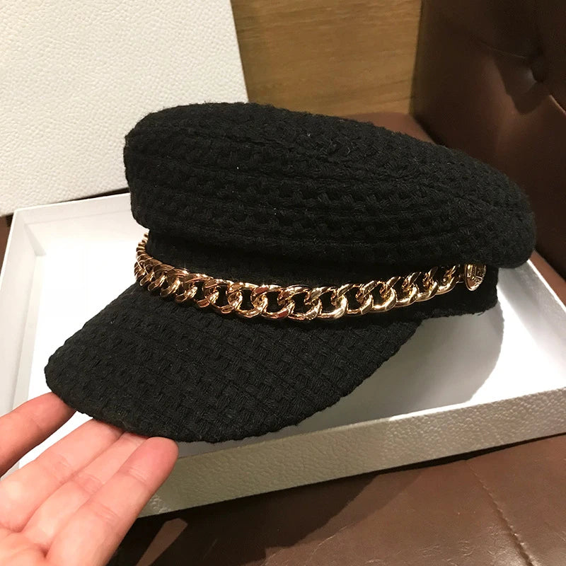 Boina unisex estilo militar – sombrero de invierno con cadena de cuero
