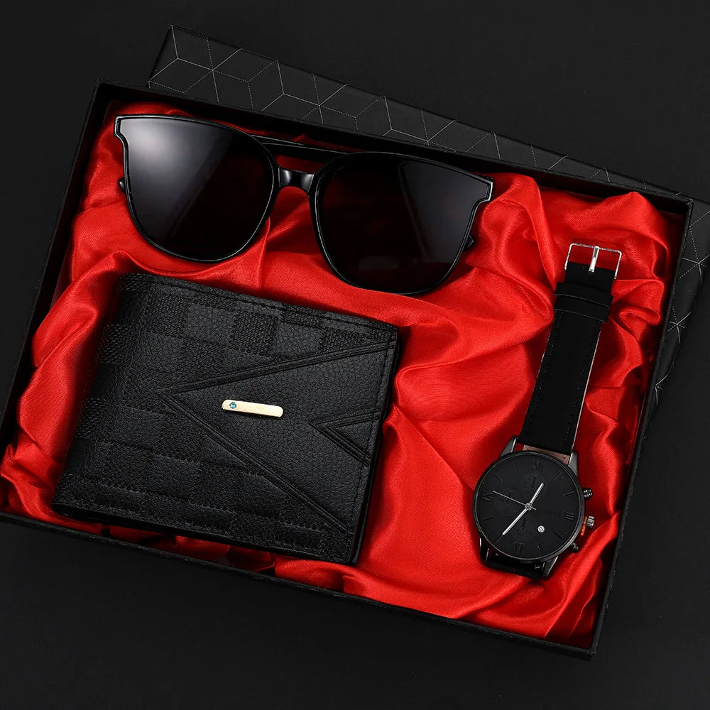 Set masculino 3 piezas – reloj de cuarzo, gafas de sol elegantes y cartera casual