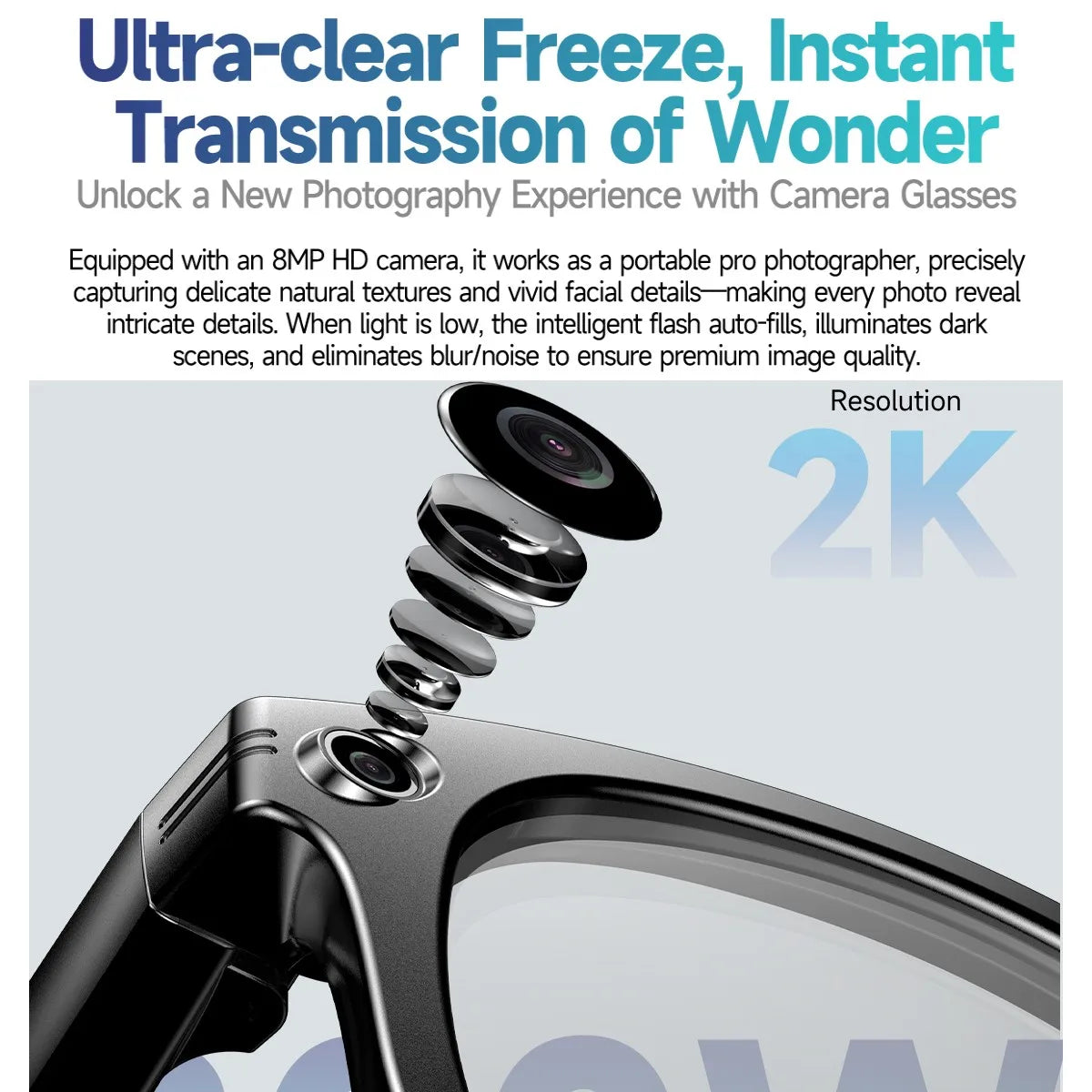 Gafas Inteligentes de Moda - Cámara 8MP 4K - WiFi - Traducción IA - Fotos, Videos, Audio y Música - Auriculares Wearable Smart