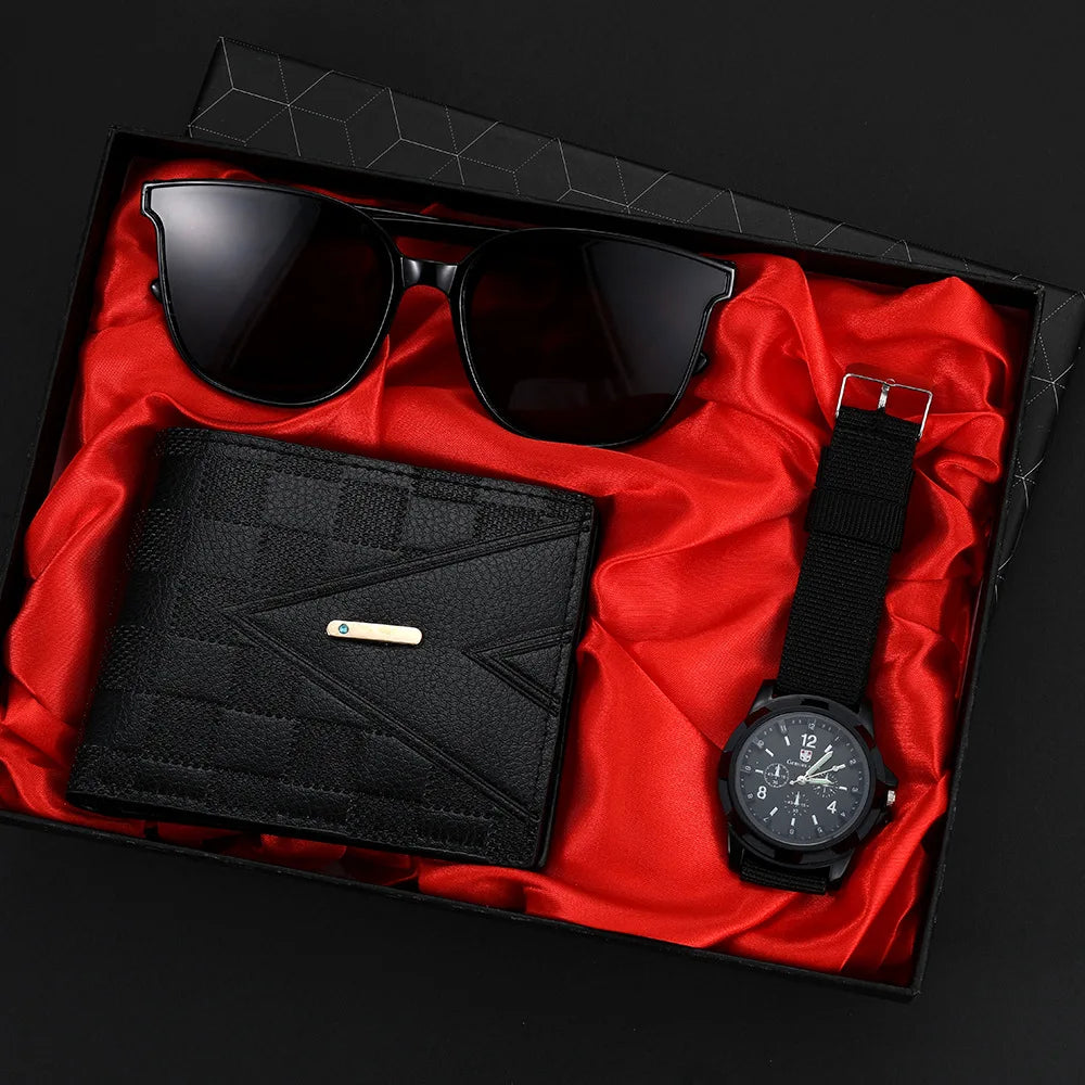 Set masculino 3 piezas – reloj de cuarzo, gafas de sol elegantes y cartera casual