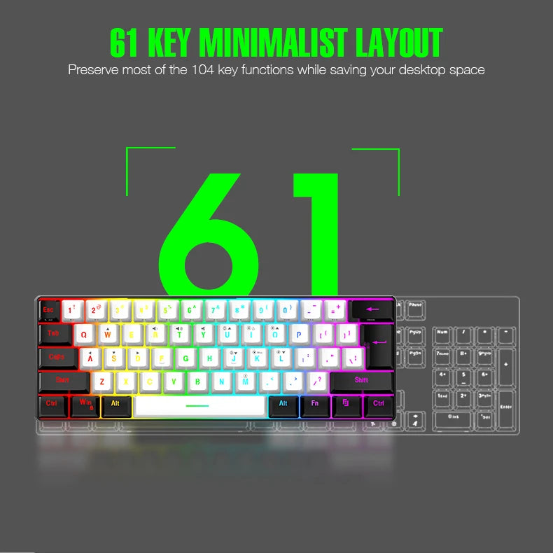 Teclado mecánico compacto 60% – 61 teclas, switches rojos y retroiluminación RGB