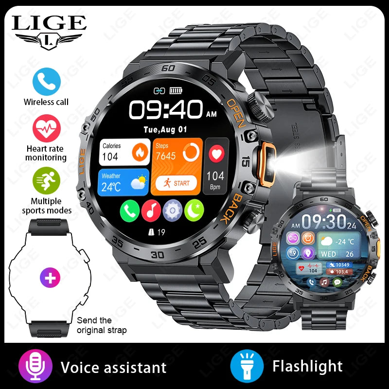Smartwatch LIGE hombre – pantalla AMOLED HD 360*360, resistente al agua y linterna