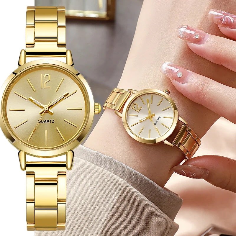 Reloj de lujo mujer – esfera redonda simple y pulsera dorada de acero inoxidable