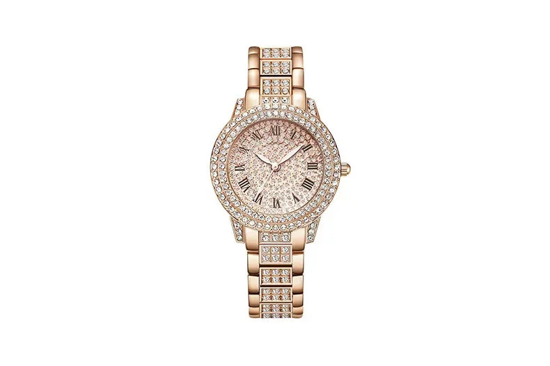 Reloj mujer clásico de lujo – esfera redonda con cristales y correa de aleación dorada