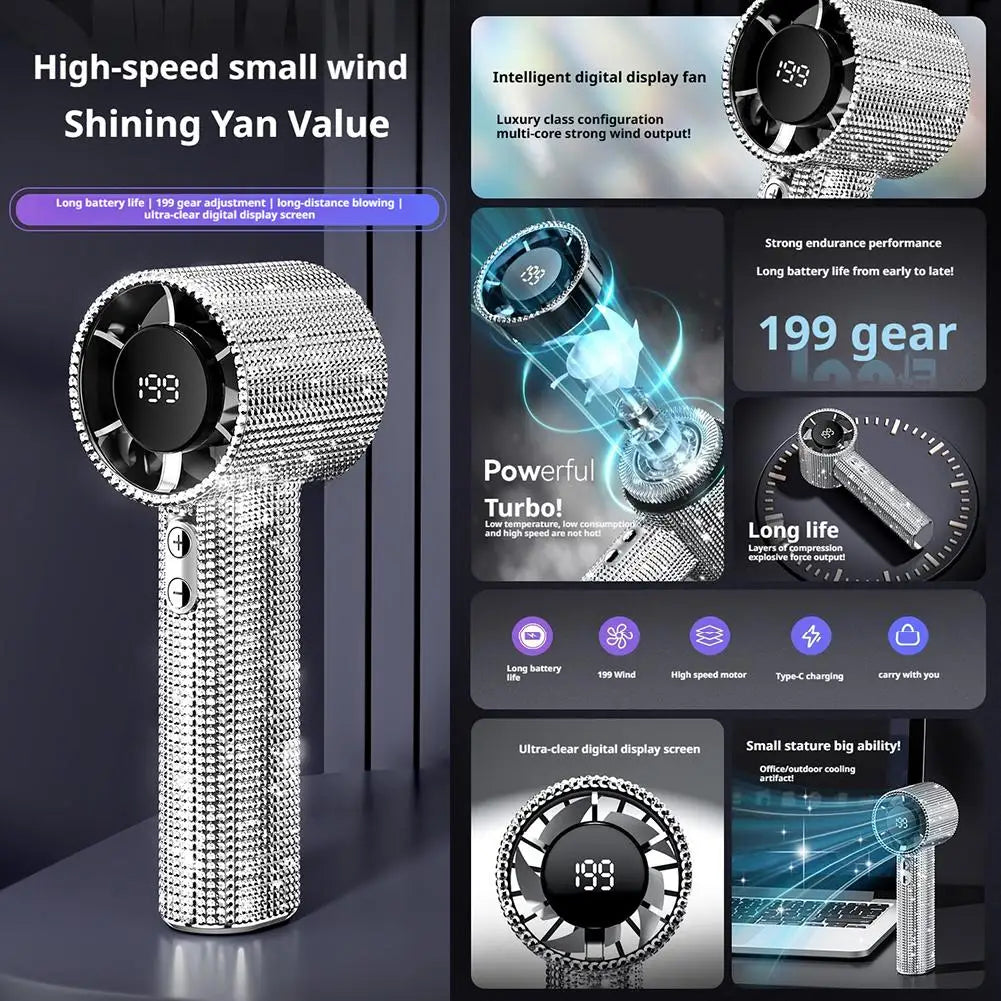 Ventilador de Mano Portátil con Pantalla Digital y 199 Velocidades