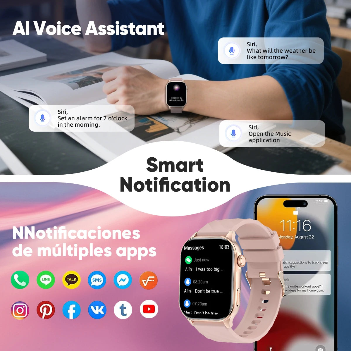 Smartwatch LIGE mujer – pantalla HD 2.01", monitor de salud y resistente al agua