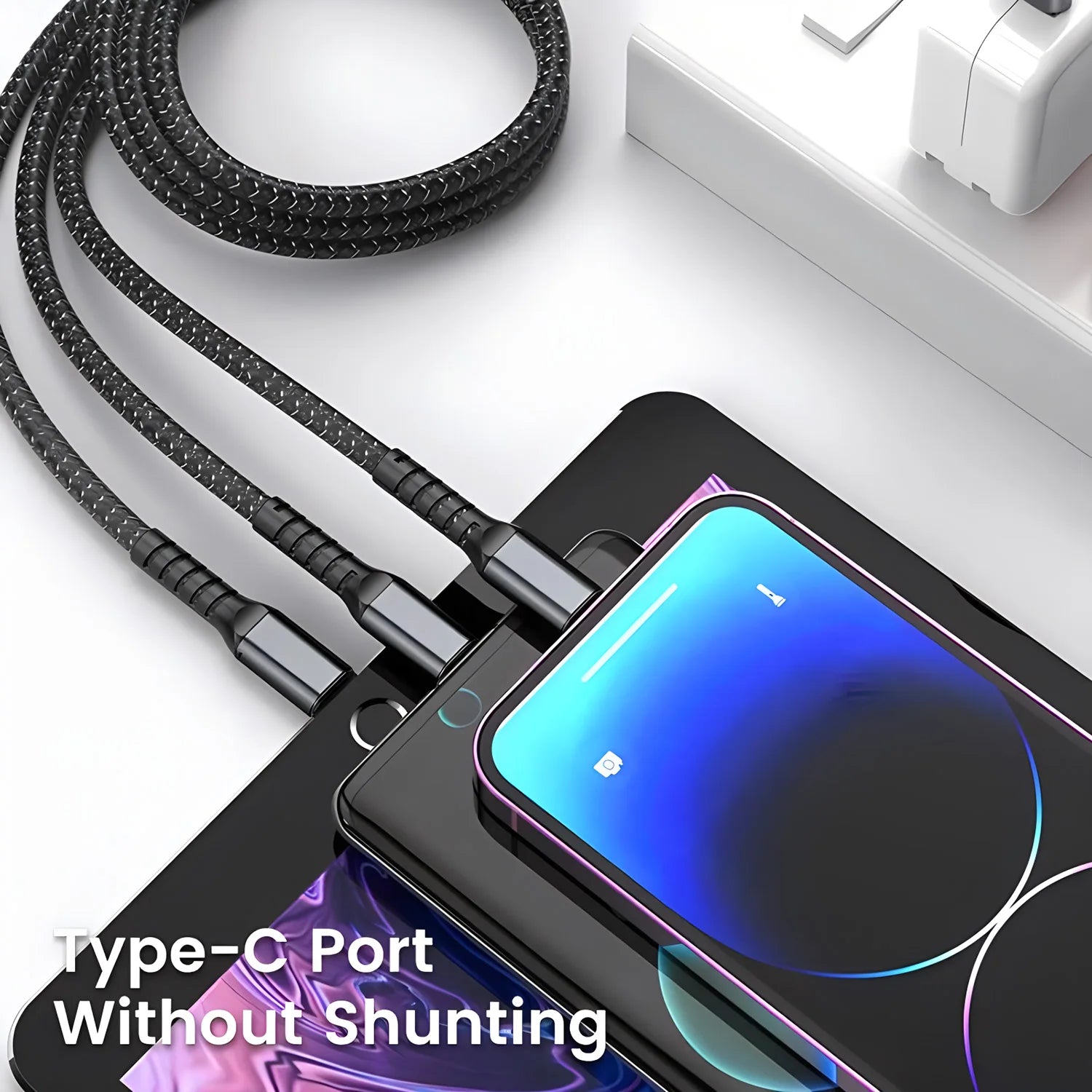 Cable cargador rápido 100W – nylon trenzado 3 en 1 con USB tipo C y micro USB