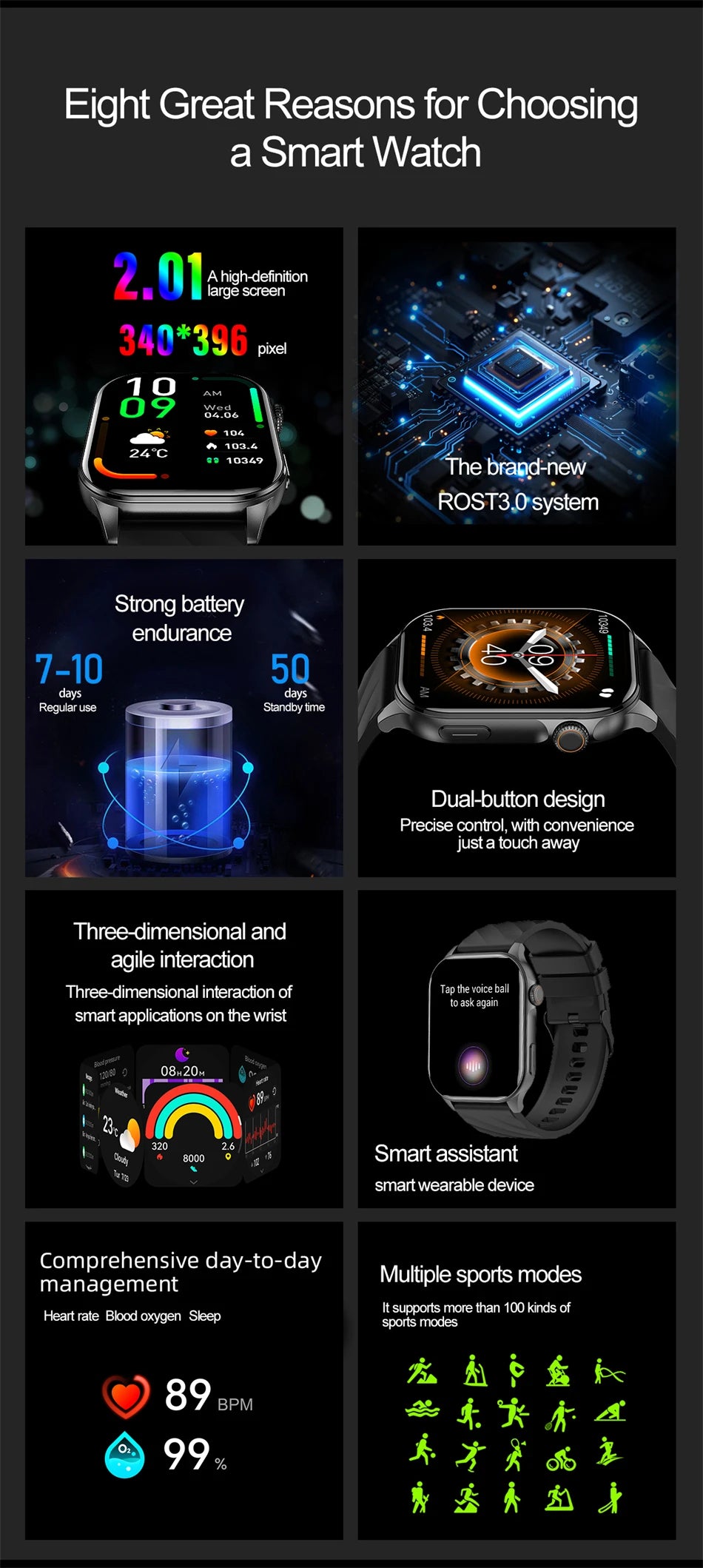 Smartwatch LIGE mujer – pantalla HD 2.01", monitor de salud y resistente al agua