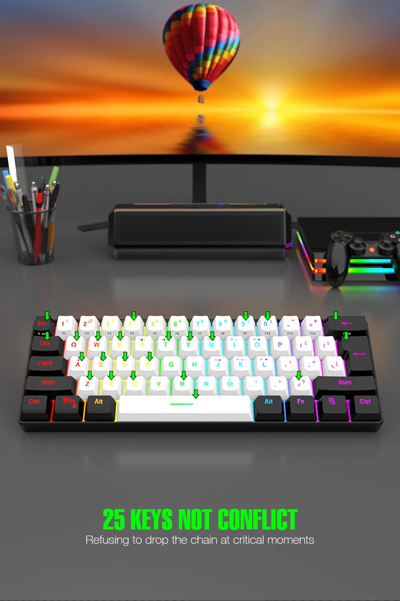 Teclado mecánico compacto 60% – 61 teclas, switches rojos y retroiluminación RGB