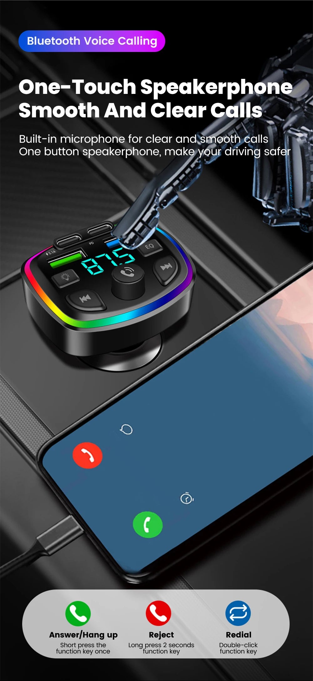 Cargador de auto inalámbrico con transmisor FM – manos libres, Bluetooth y doble puerto USB