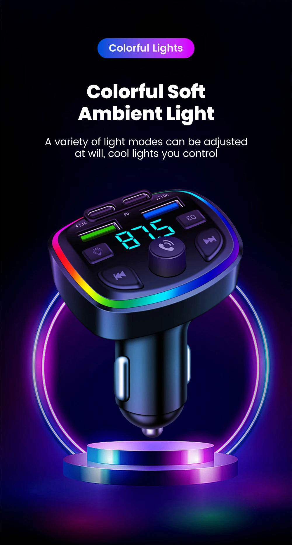 Cargador de auto inalámbrico con transmisor FM – manos libres, Bluetooth y doble puerto USB