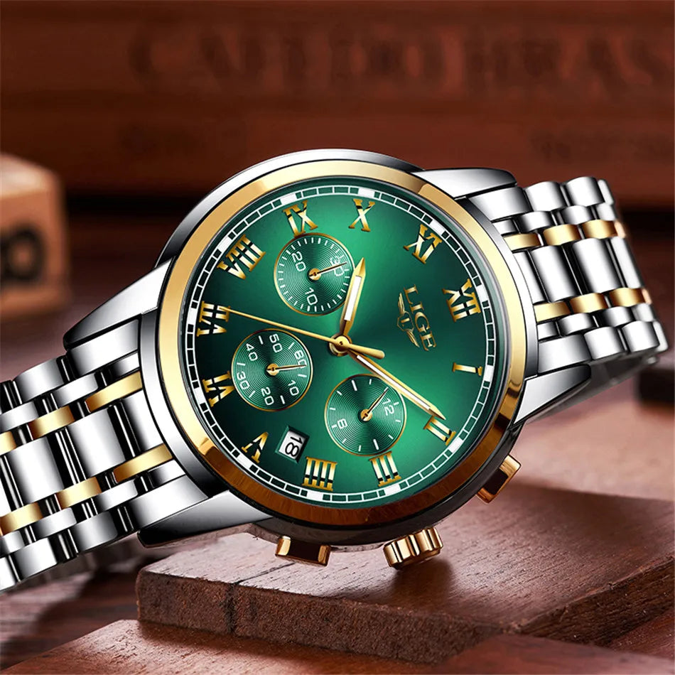Reloj LIGE para hombre – cronógrafo deportivo de lujo, resistente al agua y acero inoxidable