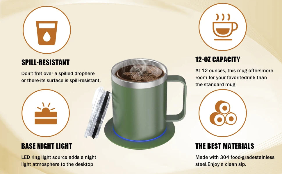 Taza Autocalentable 12oz - USB Eléctrica - Calentamiento 55-65°C - Taza de Viaje Inteligente - Doble Capa - Grado Alimenticio - Calentador de Taza