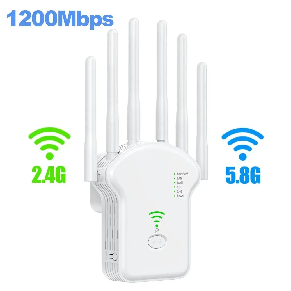 Repetidor WiFi inalámbrico 1200Mbps – dual band 2.4G/5G con antena y extensor