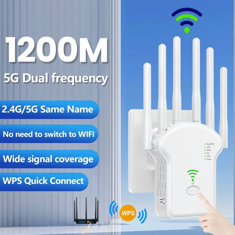 Repetidor WiFi inalámbrico 1200Mbps – dual band 2.4G/5G con antena y extensor