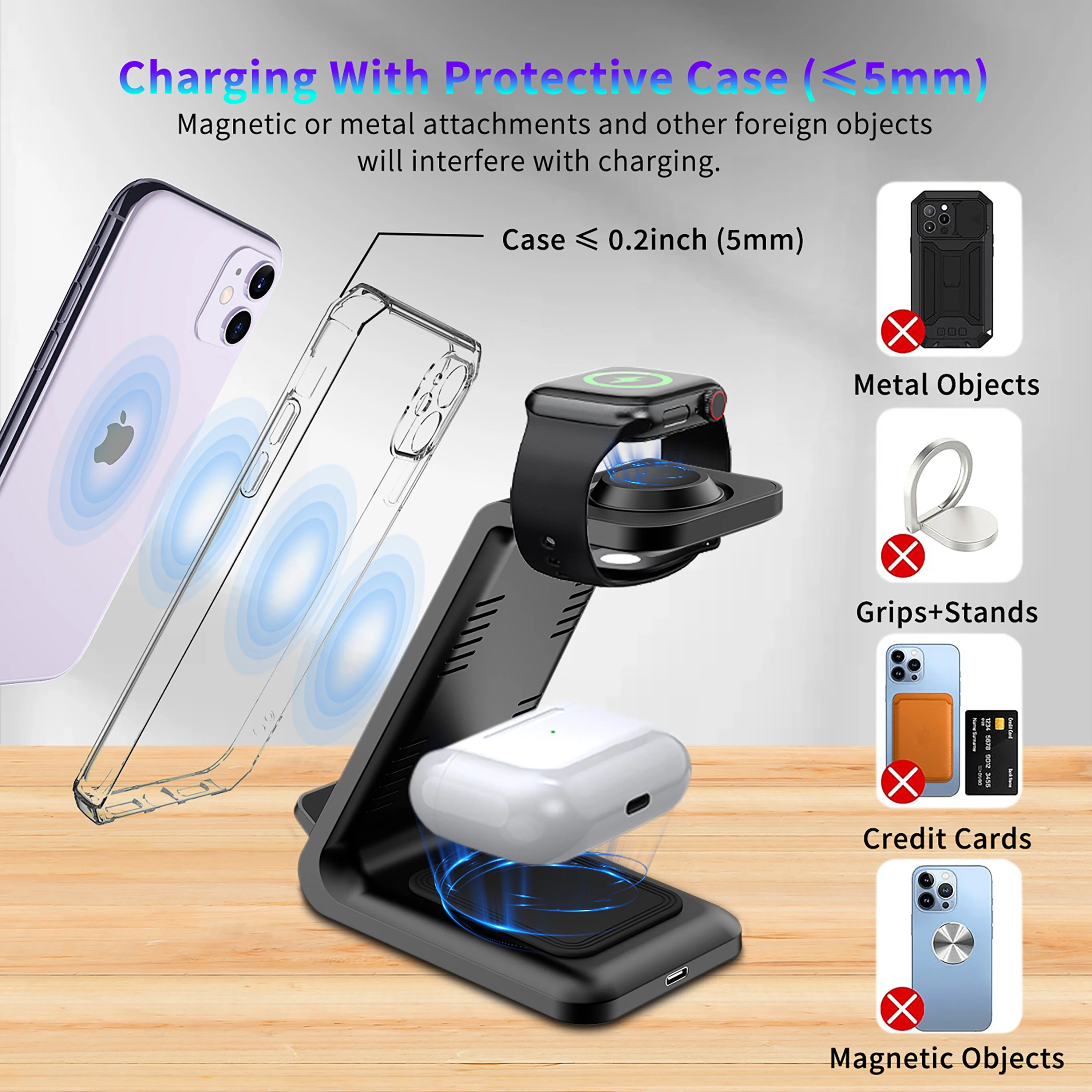 Estación de carga inalámbrica 3 en 1 – soporte para múltiples dispositivos iPhone 12 a 17 Pro Max