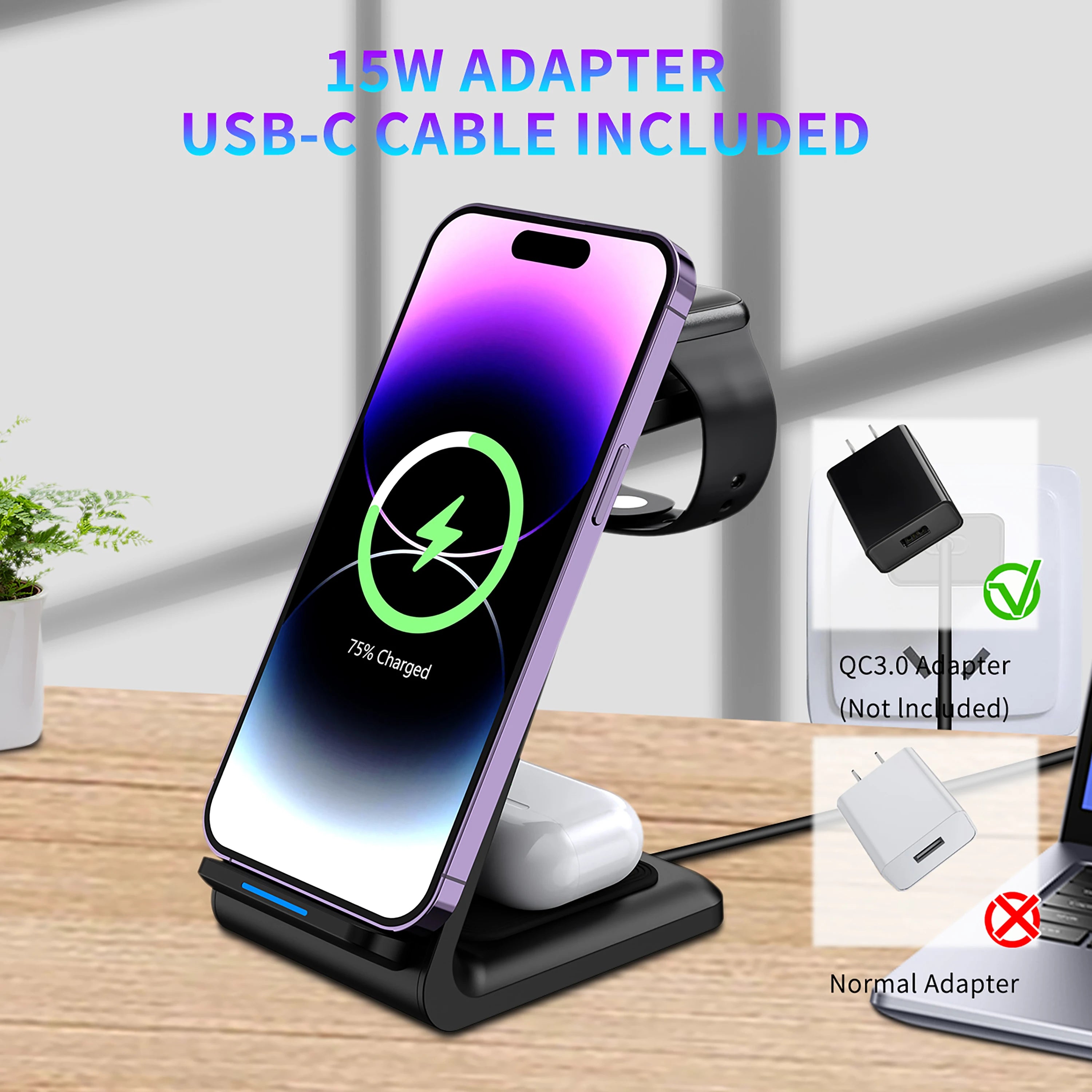 Estación de carga inalámbrica 3 en 1 – soporte para múltiples dispositivos iPhone 12 a 17 Pro Max