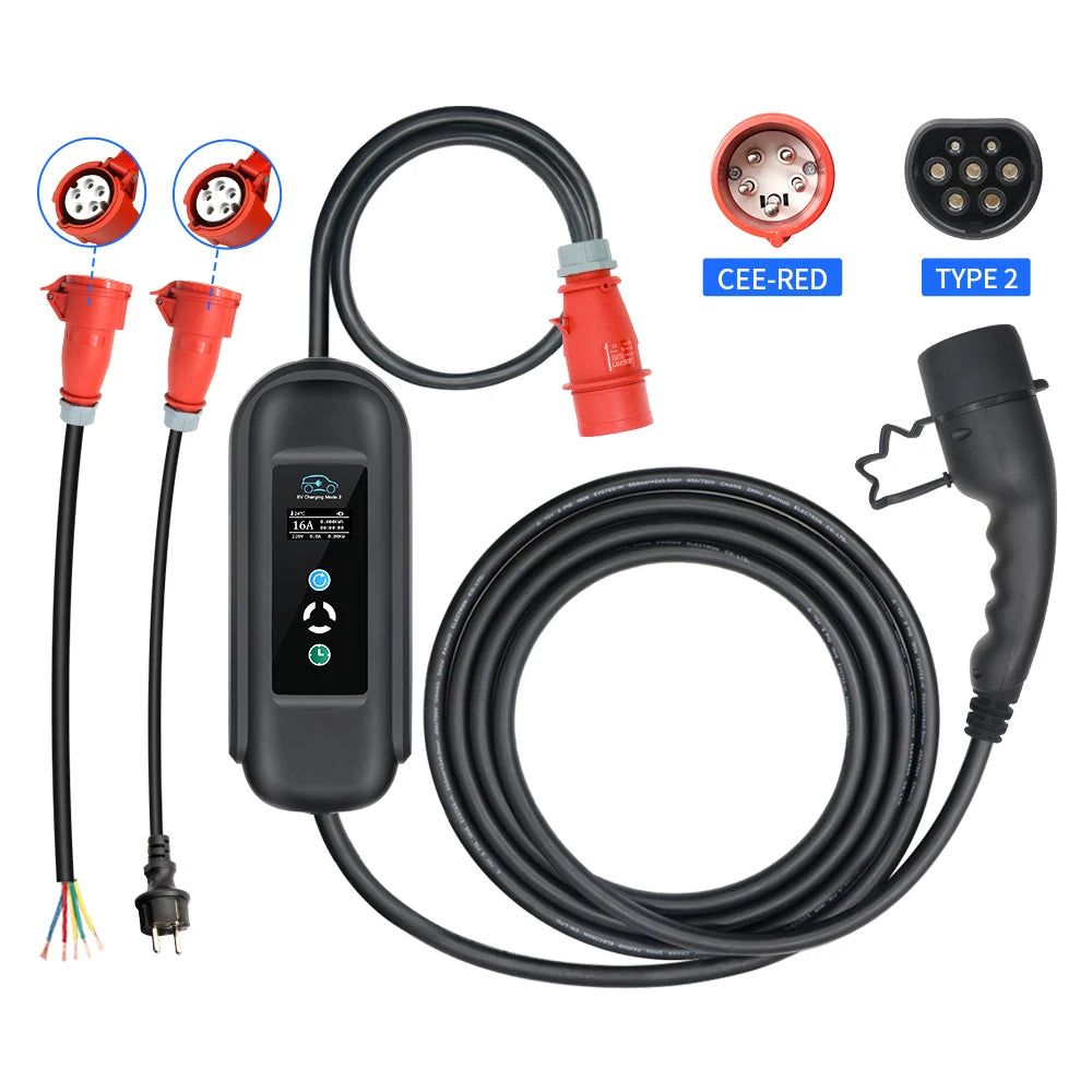 Cargador portátil Kolanky EV – Tipo 2, 16A, 11KW con temporizador y cable de 5M