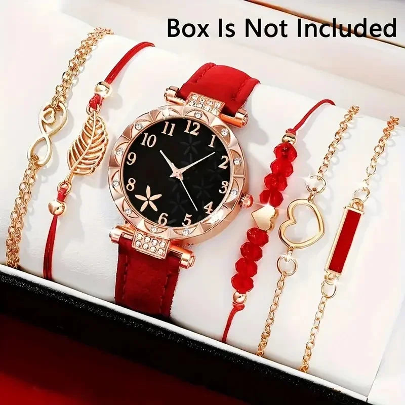 Set de relojes analógicos de cuero para mujer – 6 piezas de moda con cuarzo