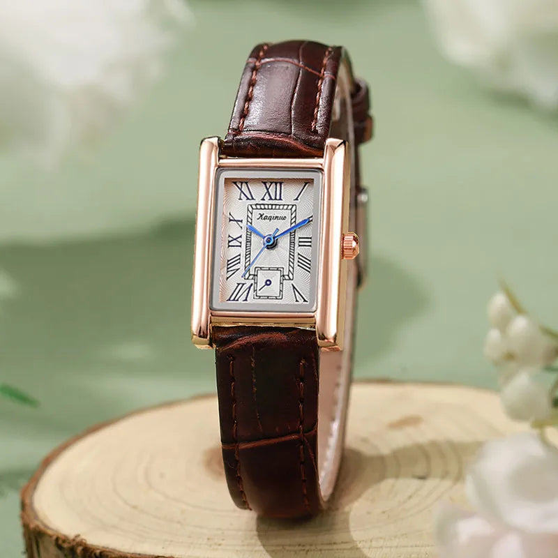 Reloj de cuarzo mujer – esfera rectangular con números romanos, regalo para estudiantes