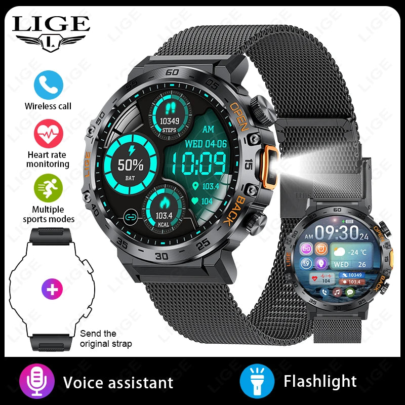 Smartwatch LIGE hombre – pantalla AMOLED HD 360*360, resistente al agua y linterna