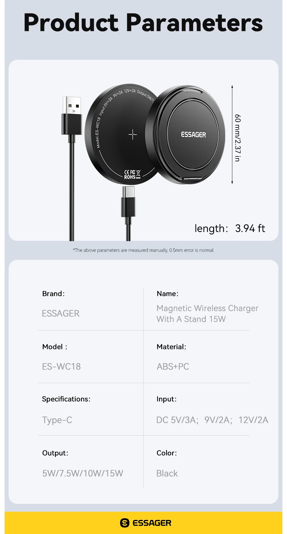 Cargador inalámbrico magnético Essager – 15W rápido con soporte para iPhone y AirPods