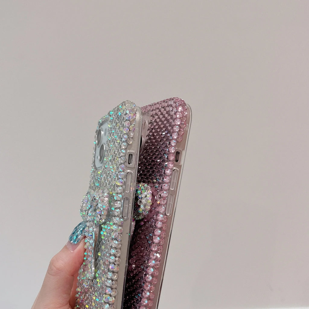 Funda full diamond con lazo para iPhone – protección brillante y adorable