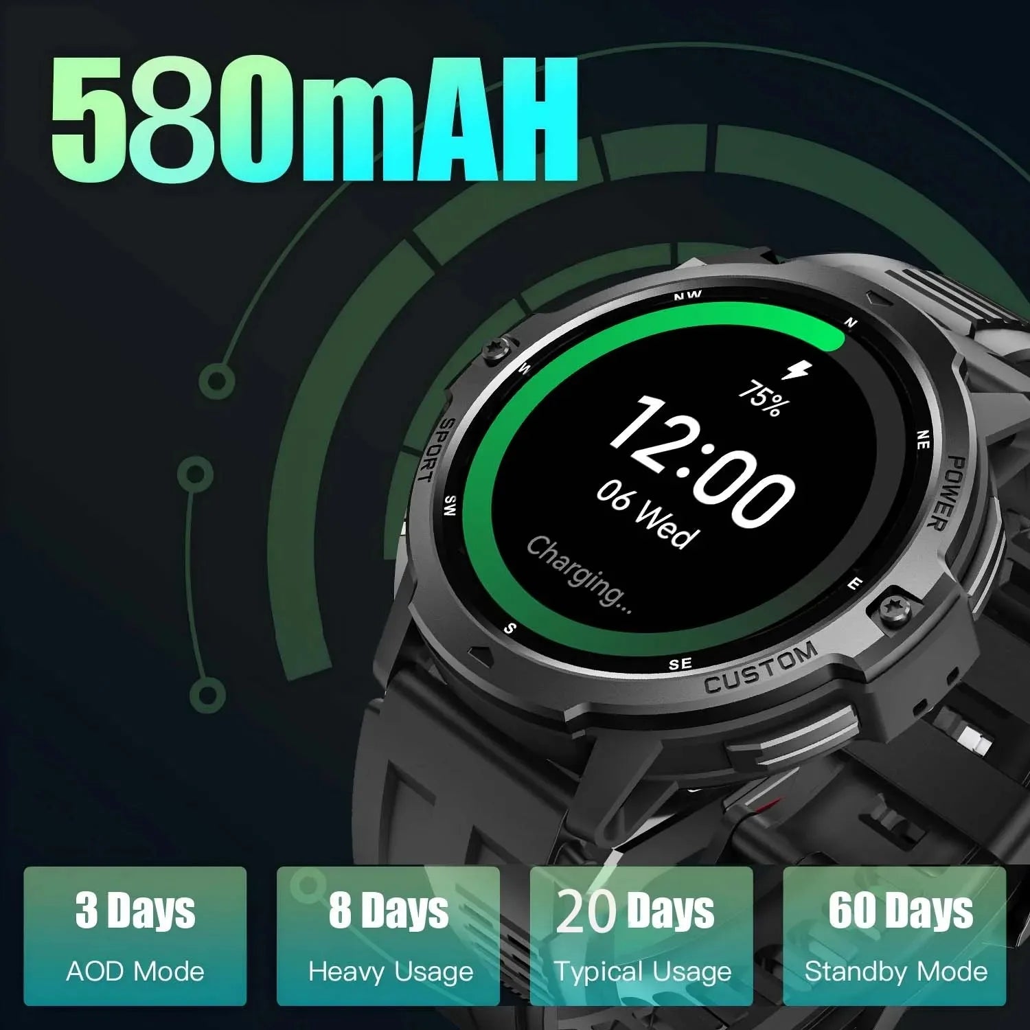 Smartwatch GPS 1.46'' – pantalla AMOLED, brújula, altímetro y batería 580mAh