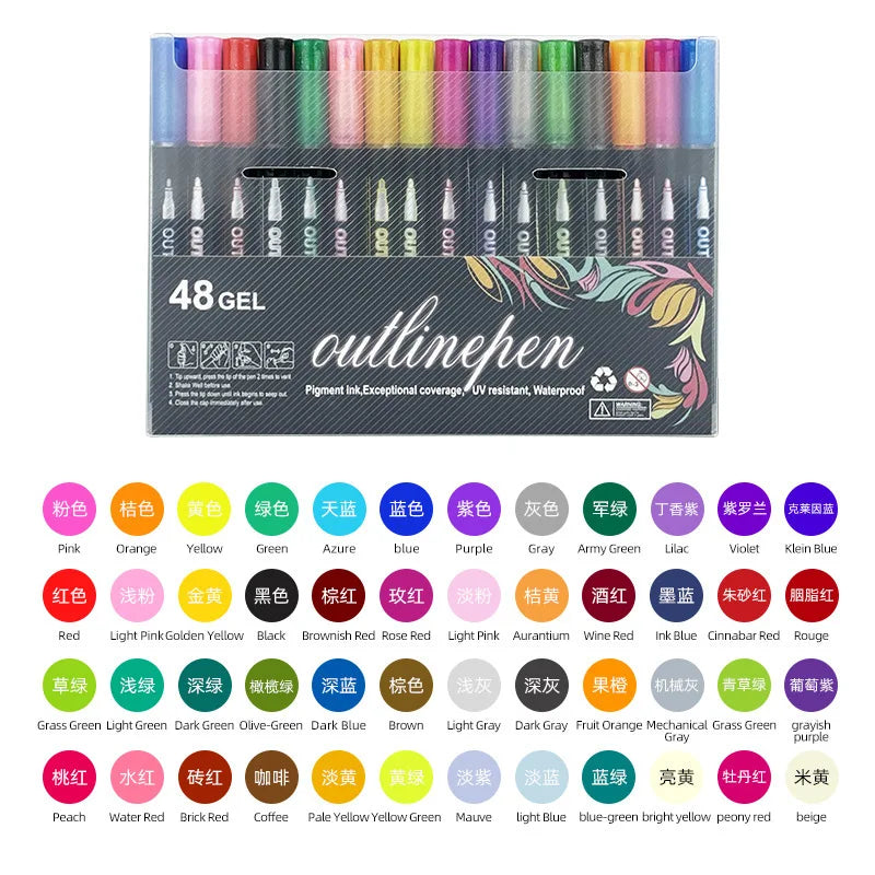 Set de marcadores contorno doble línea – 8 a 48 colores metálicos y fluorescentes