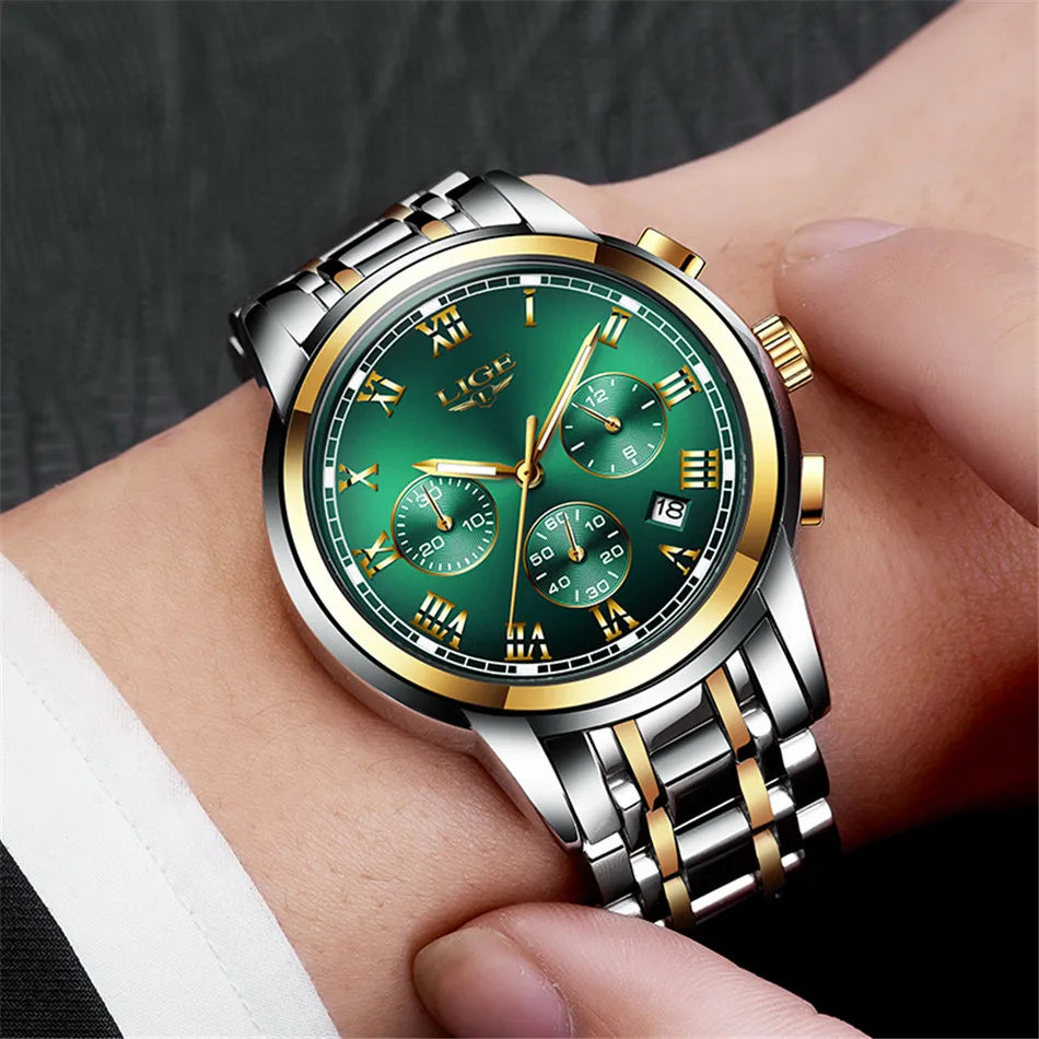 Reloj LIGE para hombre – cronógrafo deportivo de lujo, resistente al agua y acero inoxidable