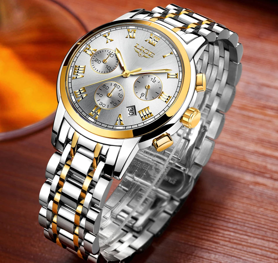 Reloj LIGE para hombre – cronógrafo deportivo de lujo, resistente al agua y acero inoxidable