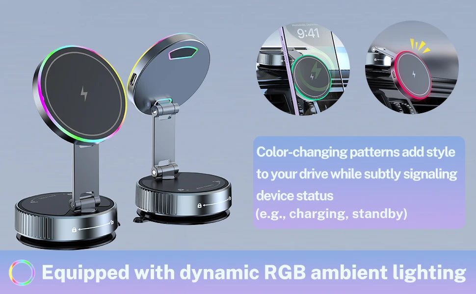Soporte para Auto con Cargador Inalámbrico y Enfriamiento - Luz RGB Respiratoria - Sujeción Magnética - Para iPhone 12/13/14/15/16 - Soporte Teléfono Coche