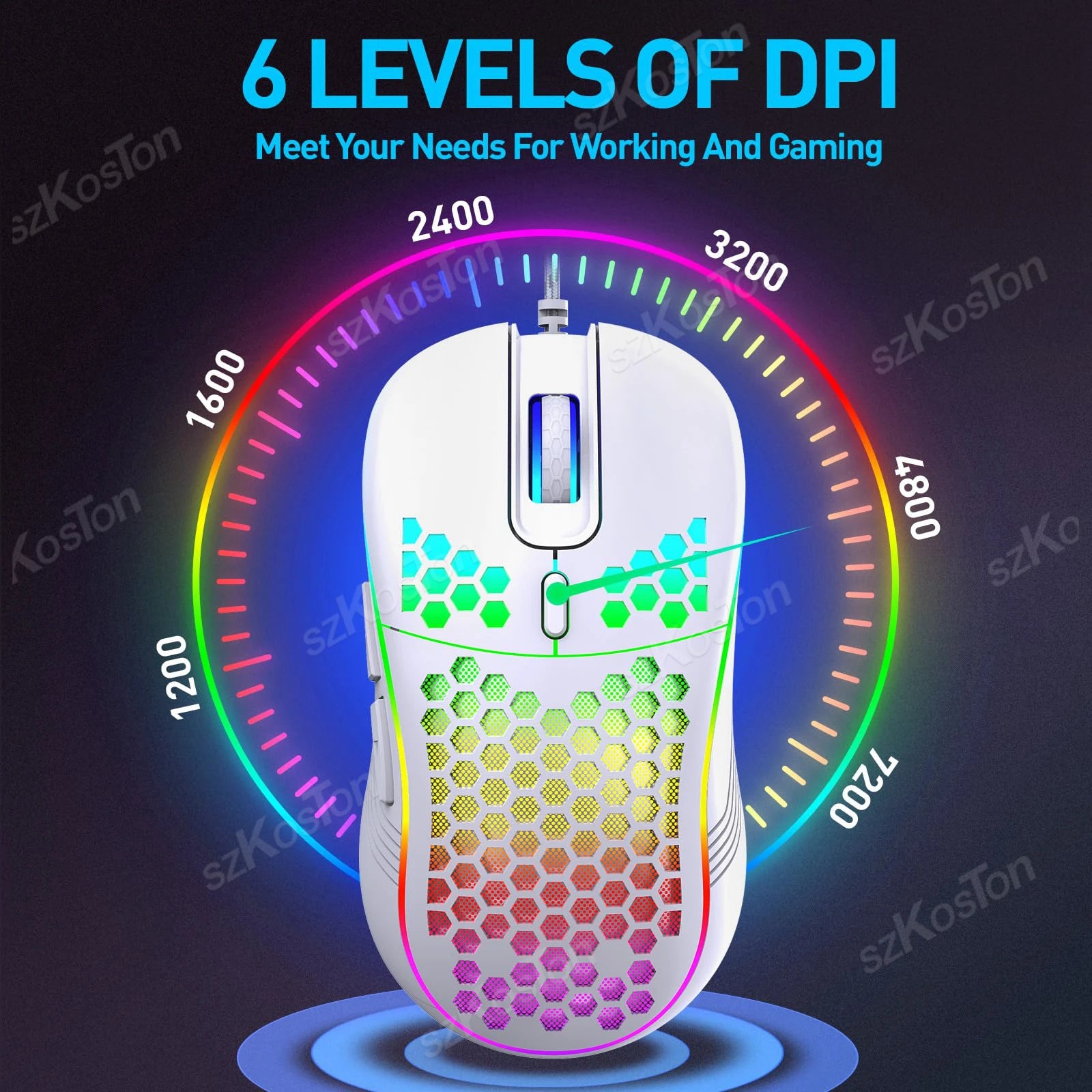 Mouse gaming con cable – diseño panal, retroiluminación RGB y DPI ajustable 7200