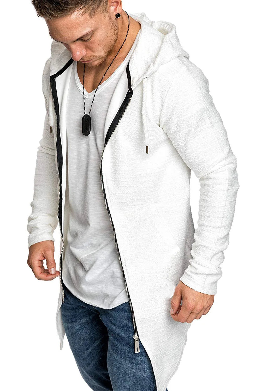 Cortaviento largo con capucha para hombre – moderno y cálido para otoño e invierno
