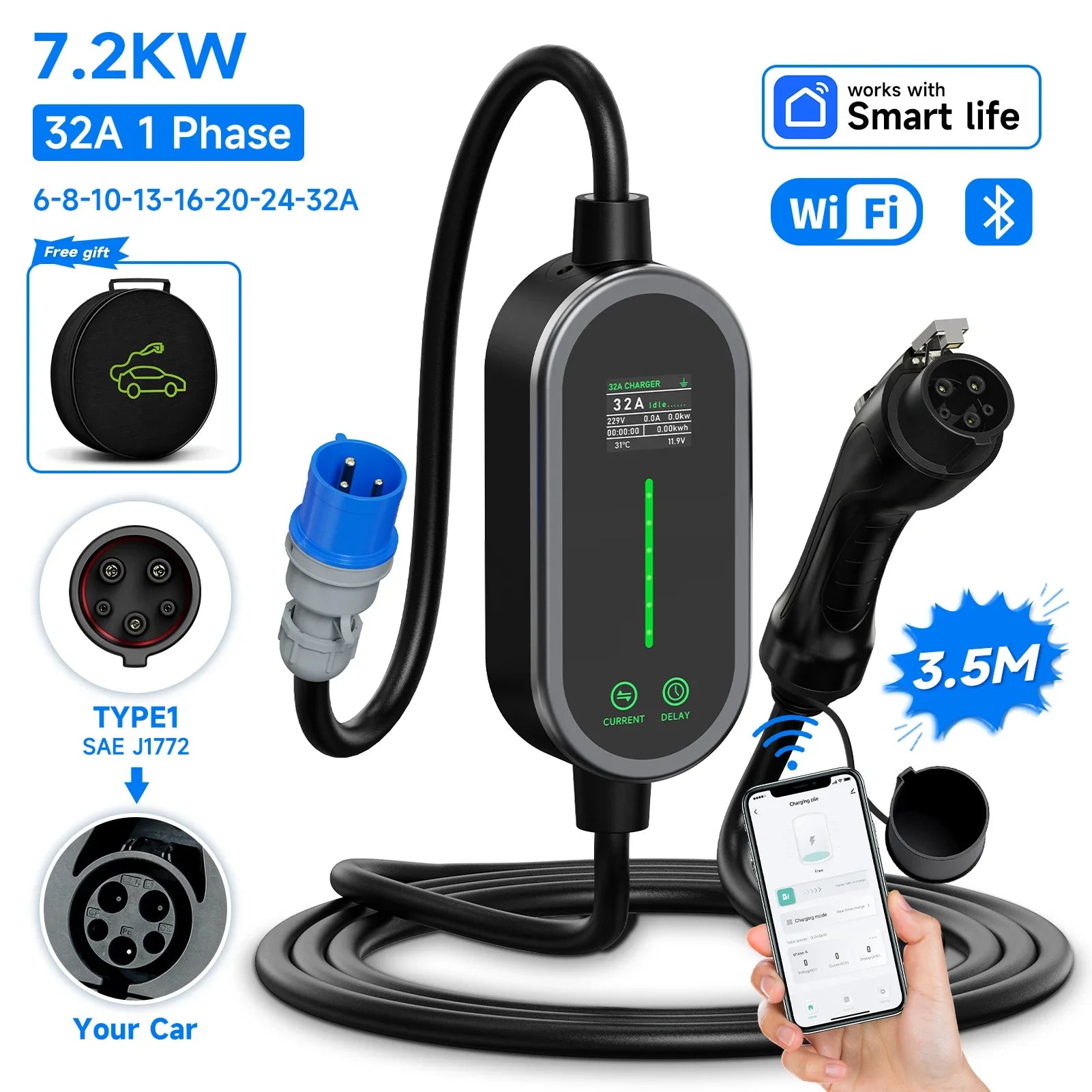 Cargador portátil AFEEV 7.2KW 32A – Tipo 2/Tipo 1 con control WiFi y Bluetooth