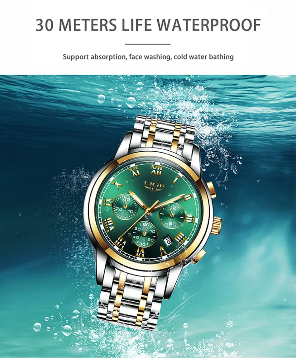 Reloj LIGE para hombre – cronógrafo deportivo de lujo, resistente al agua y acero inoxidable