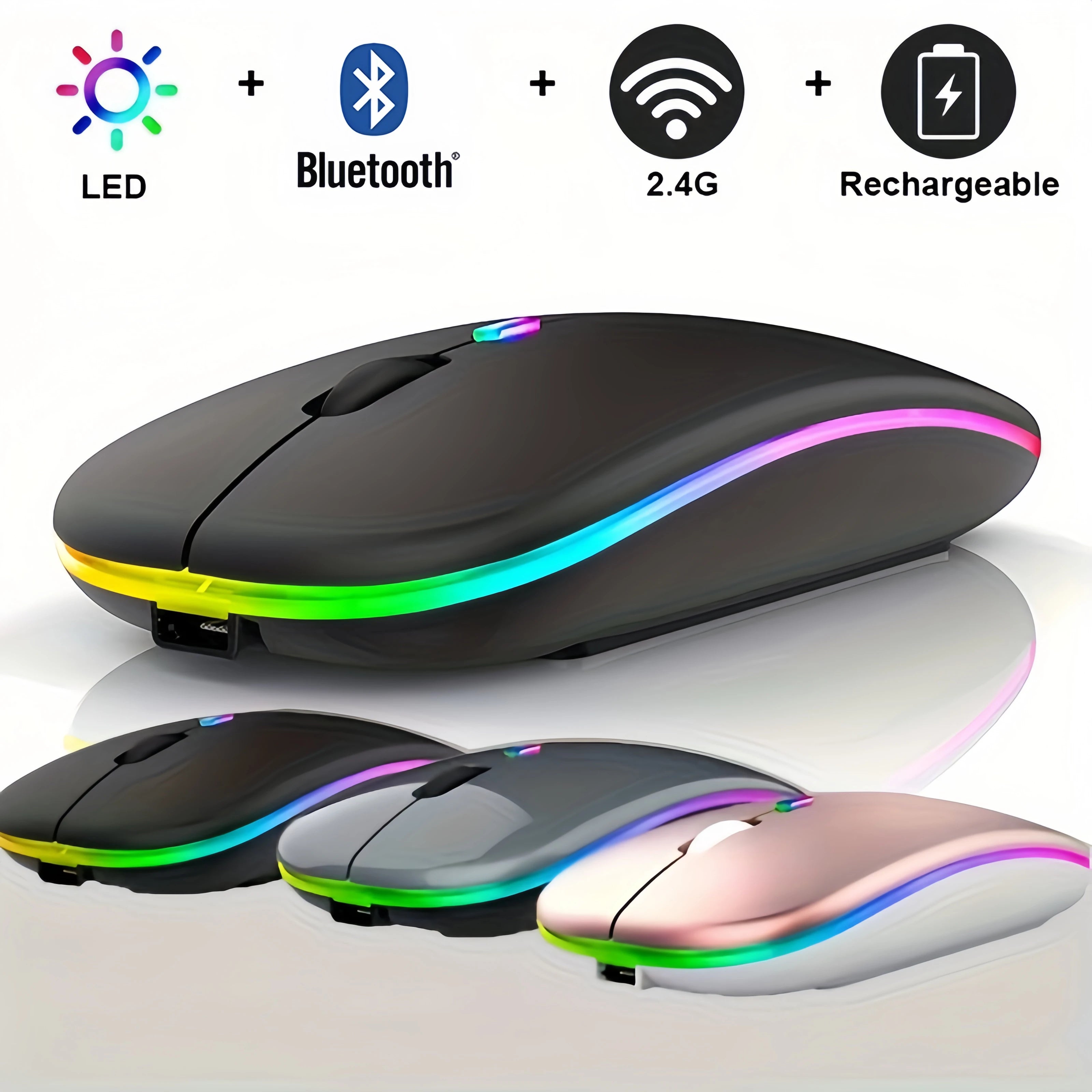 Mouse inalámbrico Bluetooth y 2.4GHz – recargable, RGB y clic silencioso