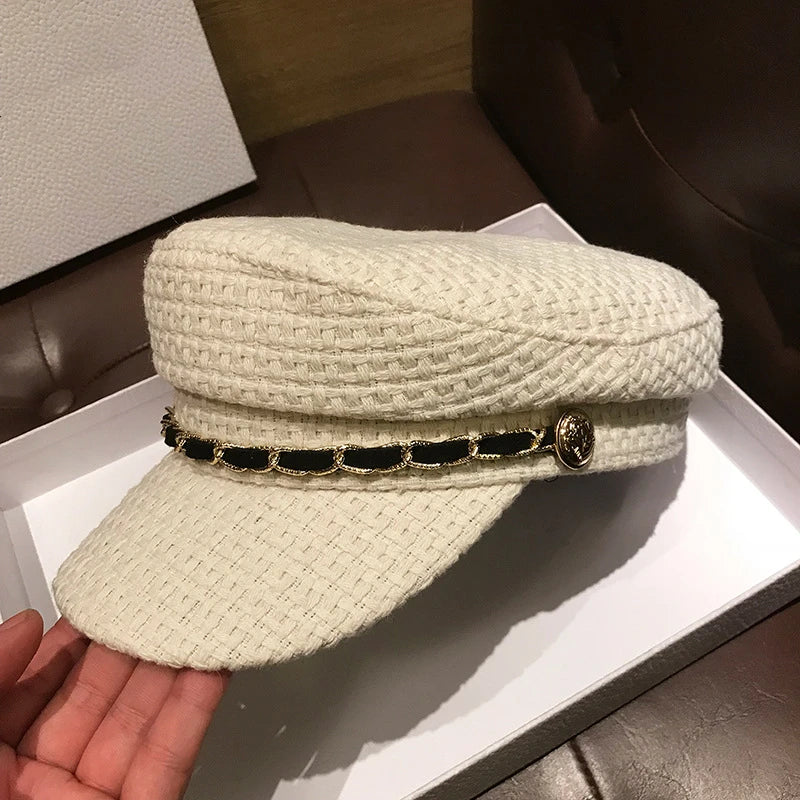 Boina unisex estilo militar – sombrero de invierno con cadena de cuero