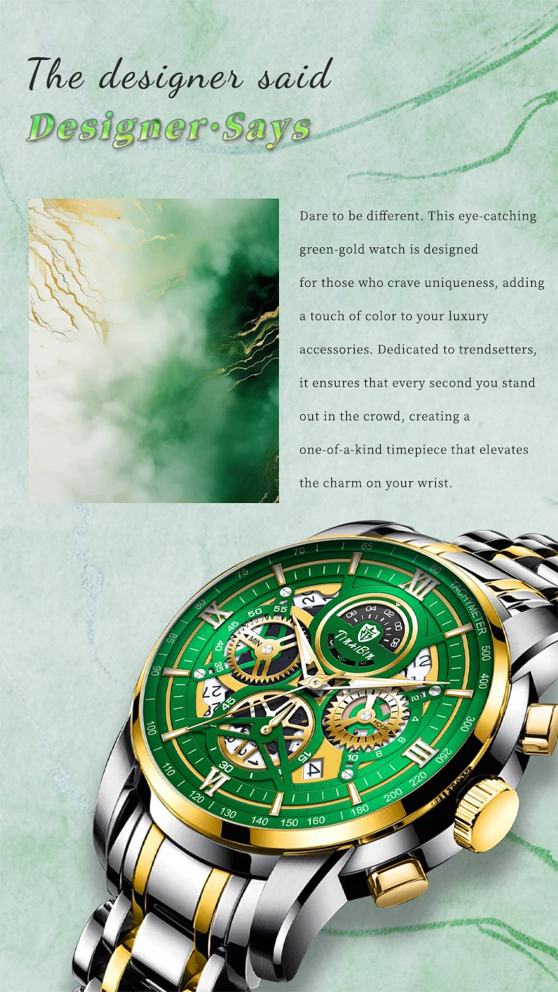 Reloj de lujo verde TINABIN – elegante, resistente al agua y para negocios