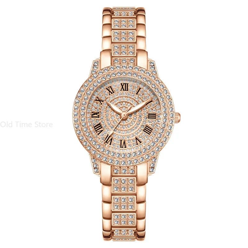 Reloj mujer clásico de lujo – esfera redonda con cristales y correa de aleación dorada