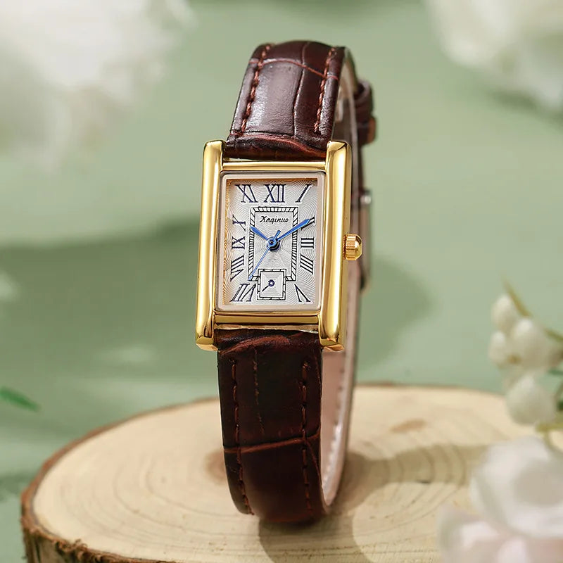 Reloj de cuarzo mujer – esfera rectangular con números romanos, regalo para estudiantes